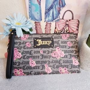 Juicy Couture Pink Bloom Black Furget Me Not Faux Leather Wristlet